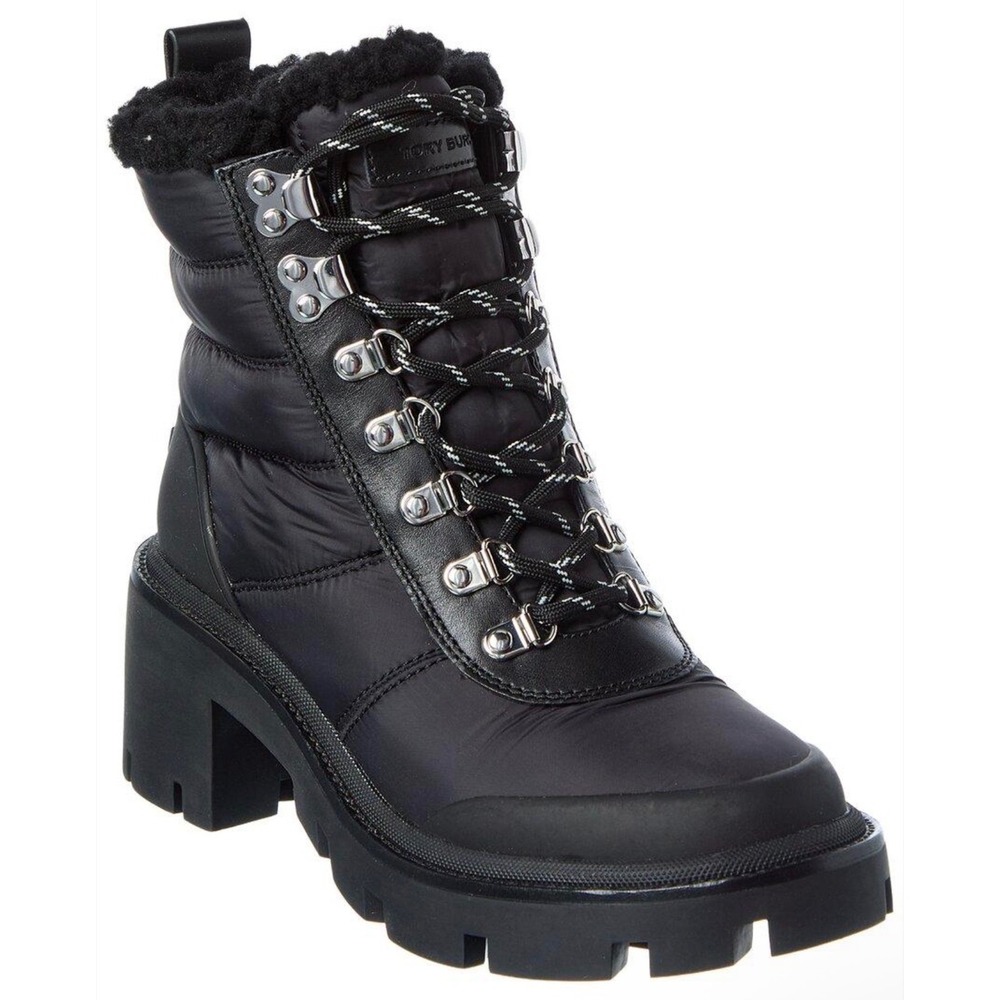 Tory Burch Foul Weather Black Quilted Nylon Faux Shearling Lug Sole Boots 6M
